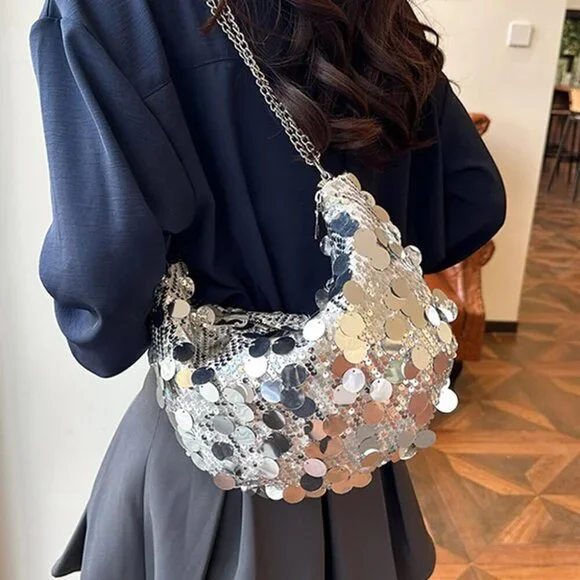 Women Shinny Evening Bag Bucket Purse Handbag Sequin Shoulder Bags Crossbody Bag - Picture 5 of 5